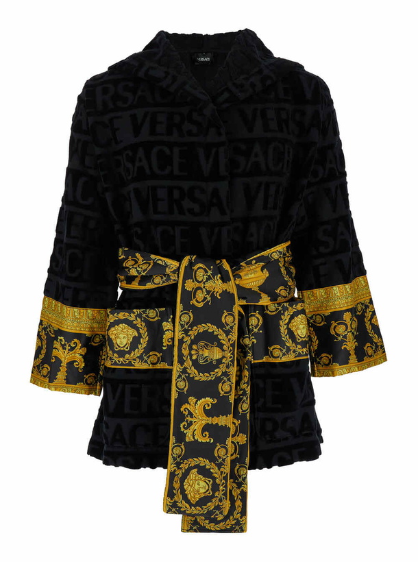 Photo: Versace Black Terry Cotton Bathrobe With Baroque Pattern