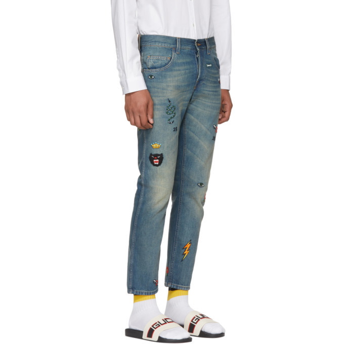 Gucci Blue Denim Symbol Embroidered Tapered Jeans S Gucci