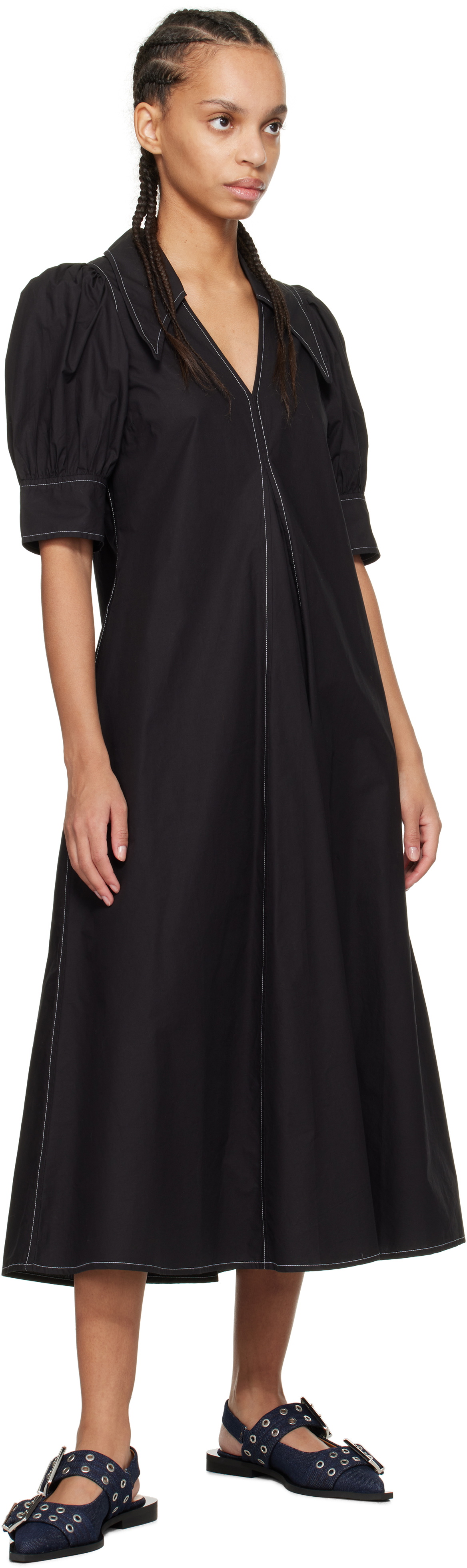 GANNI Black Cotton Poplin V-Neck Midi Dress GANNI