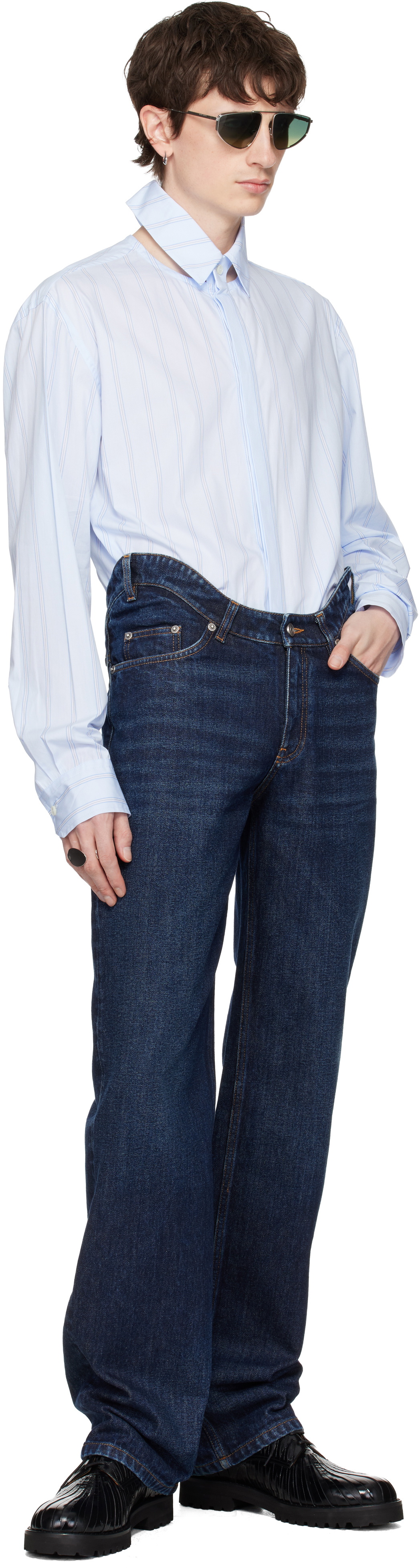 Jean Paul Gaultier Blue Pinstriped Floating Collar Shirt