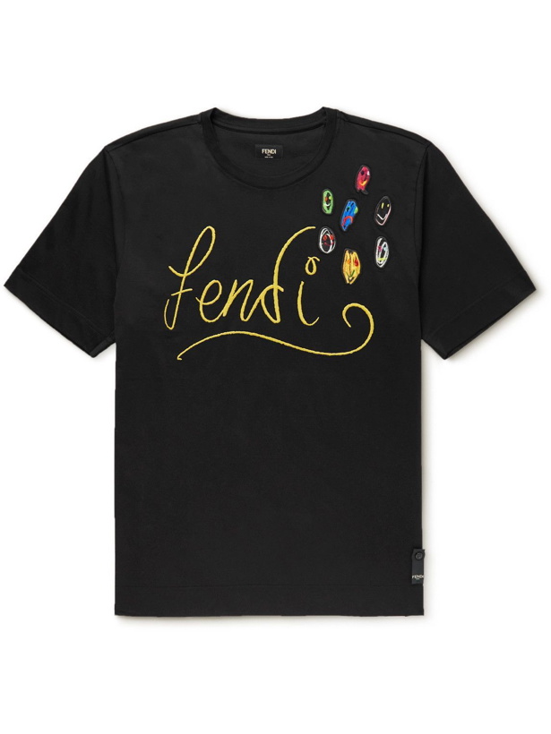 Photo: Fendi - Noel Fielding Appliquéd Logo-Embroidered Cotton-Jersey T-Shirt - Black