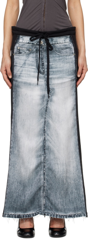 Photo: OPEN YY Black & Blue Front Jean Effect Jersey Maxi Skirt