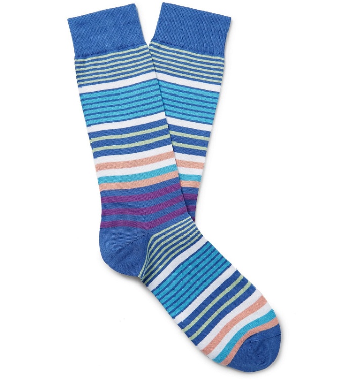 Photo: Pantherella - Miyako Striped Sea Island Cotton-Blend Socks - Blue