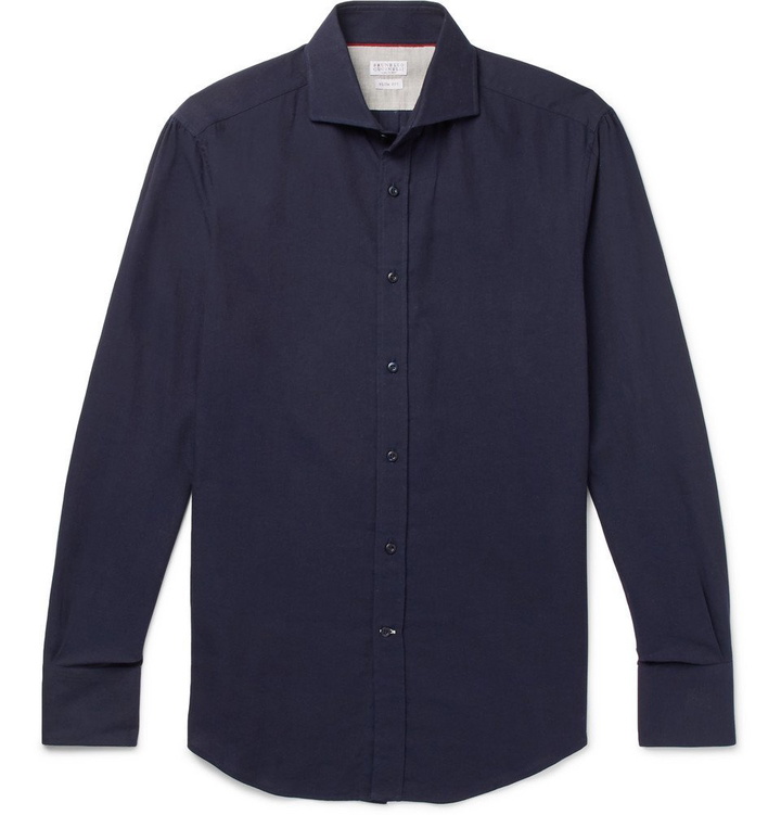 Photo: Brunello Cucinelli - Slim-Fit Cutaway-Collar Cotton-Twill Shirt - Men - Blue