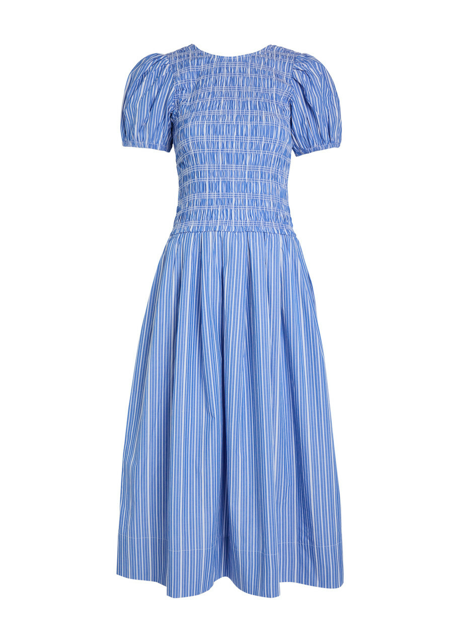 Ganni Striped Shirred Cotton Midi Dress Navy