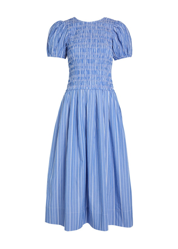Photo: Ganni Striped Shirred Cotton Midi Dress Navy