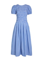 Ganni Striped Shirred Cotton Midi Dress Navy