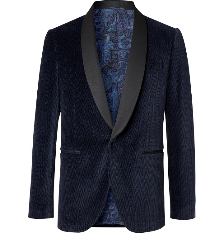 Photo: Etro - Navy Slim-Fit Satin-Trimmed Herringbone Cotton-Blend Velvet Tuxedo Jacket - Blue