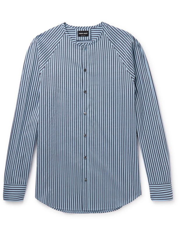 Photo: Giorgio Armani - Collarless Striped Cotton and Silk-Blend Shirt - Blue