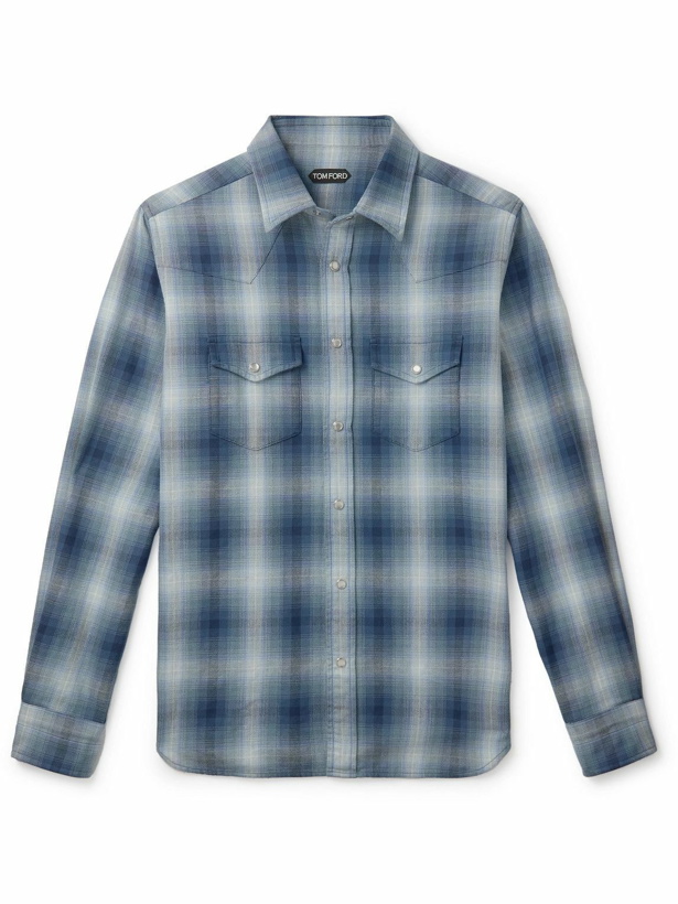 Photo: TOM FORD - Checked Cotton-Flannel Shirt - Blue