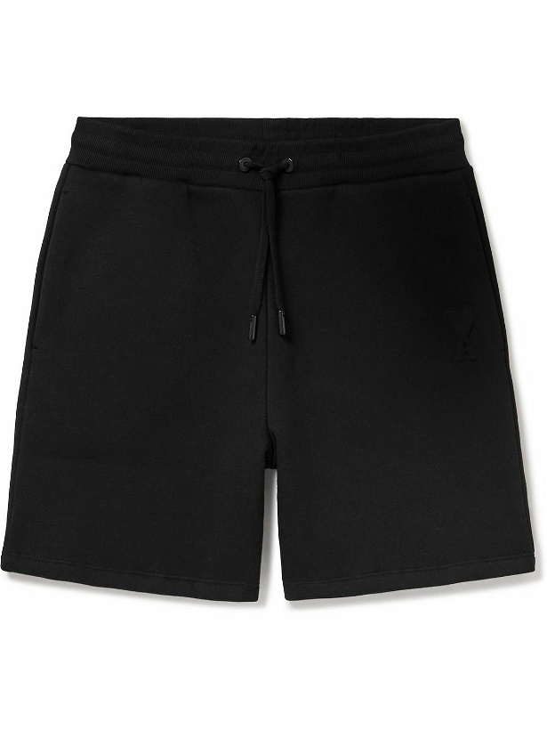 Photo: AMI PARIS - Straight-Leg Logo-Embossed Cotton-Blend Jersey Drawstring Shorts - Black