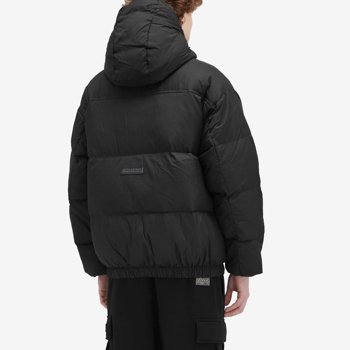 Men's AAPE Now Camo Badge Hooded Down Jacket in Black