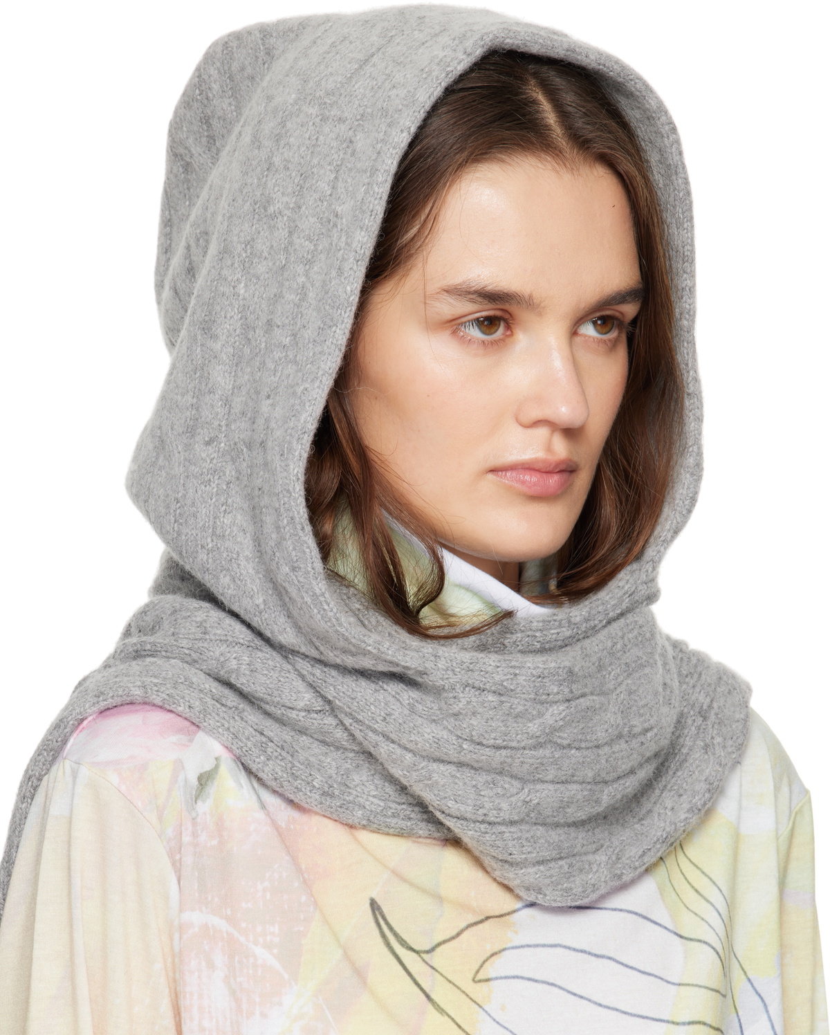 OPEN YY Gray Convertible Cable Knit Hooded Scarf