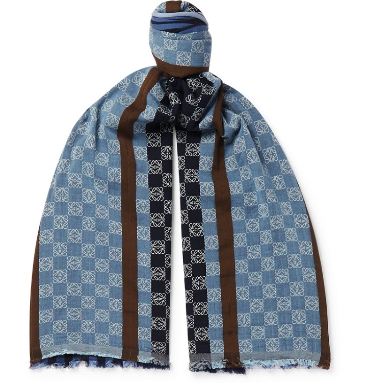 Photo: Loewe - Fringed Logo-Embroidered Striped Cotton Scarf - Blue