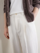 Brunello Cucinelli - Straight-Leg Pleated Herringbone Cotton and Linen-Blend Trousers - White