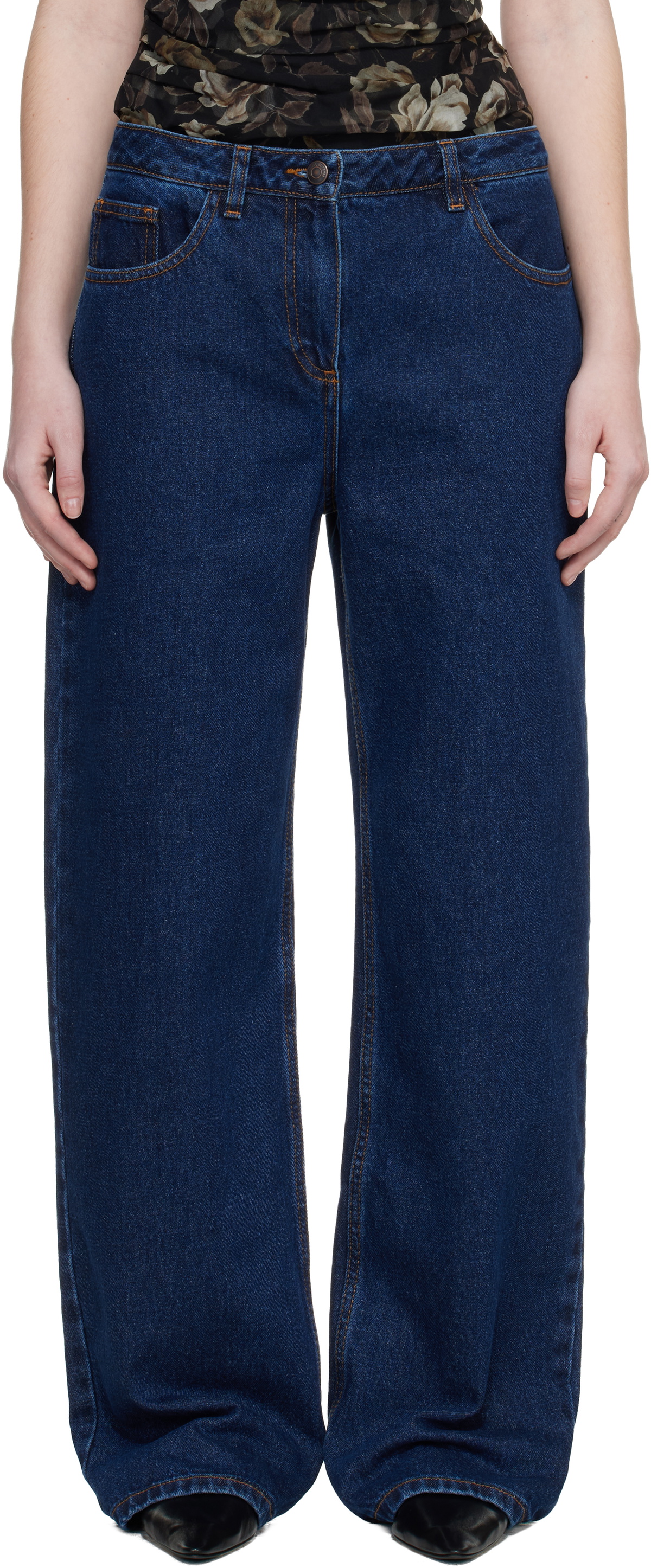 Magda Butrym Navy Loose-Leg Faded Jeans