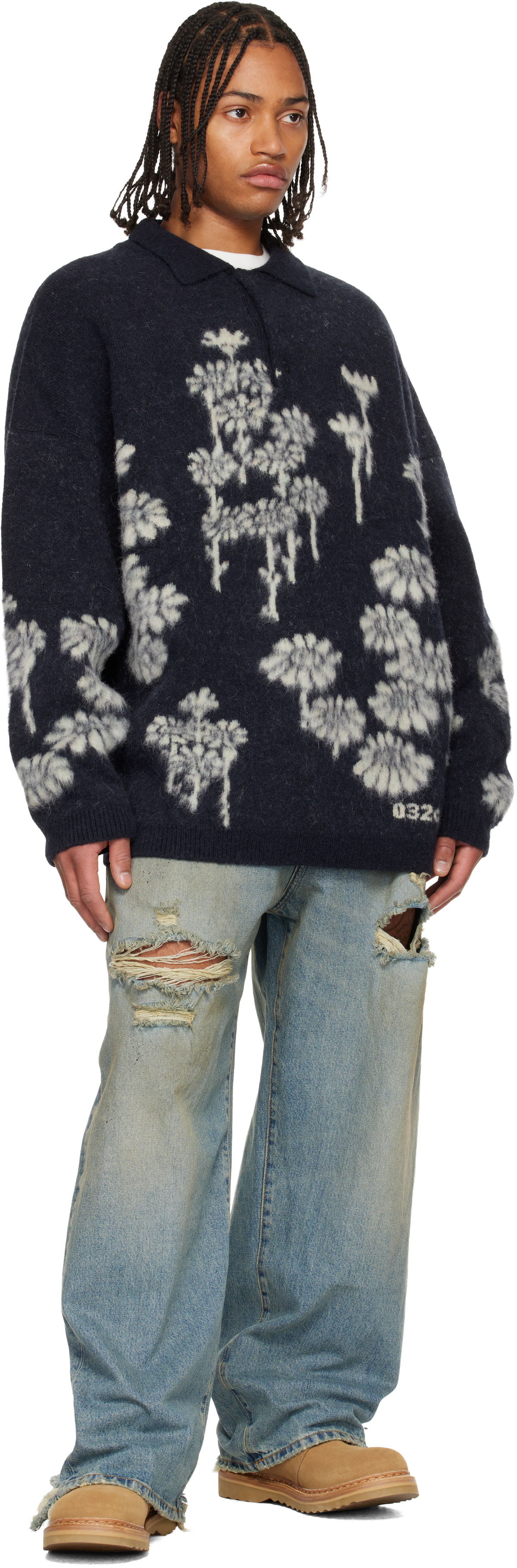 032c Navy Melting Daisies Knit LS Polo