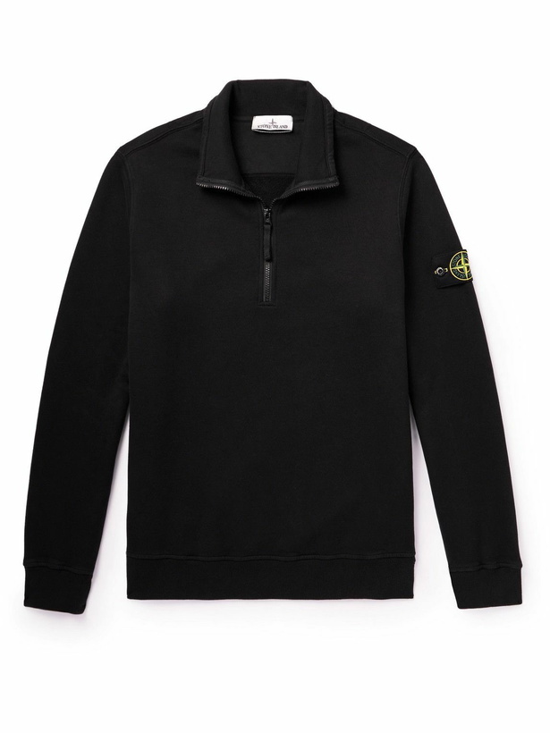 Photo: Stone Island - Logo-Appliquéd Garment-Dyed Cotton-Jersey Half-Zip Sweatshirt - Black