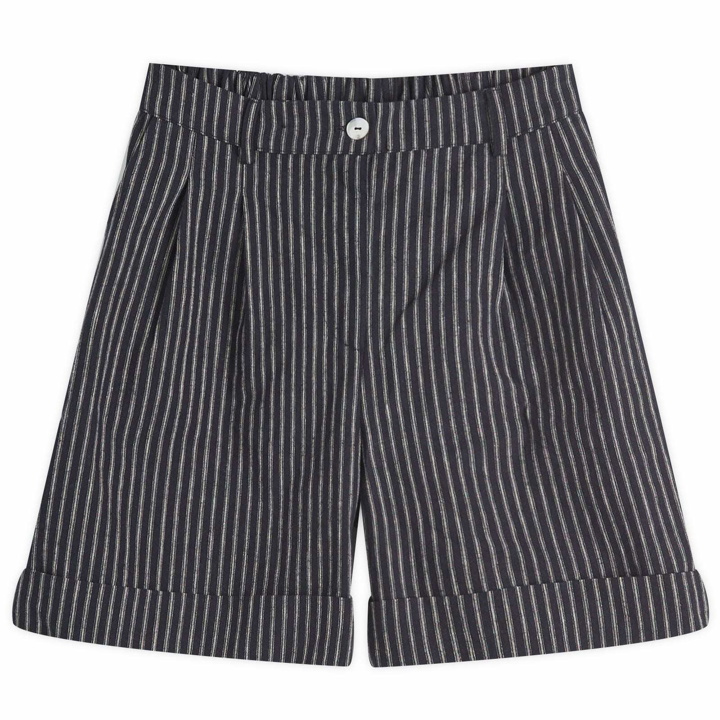 Photo: DONNI. Women's Linen Stripe Pleated Short in Stone Stripe