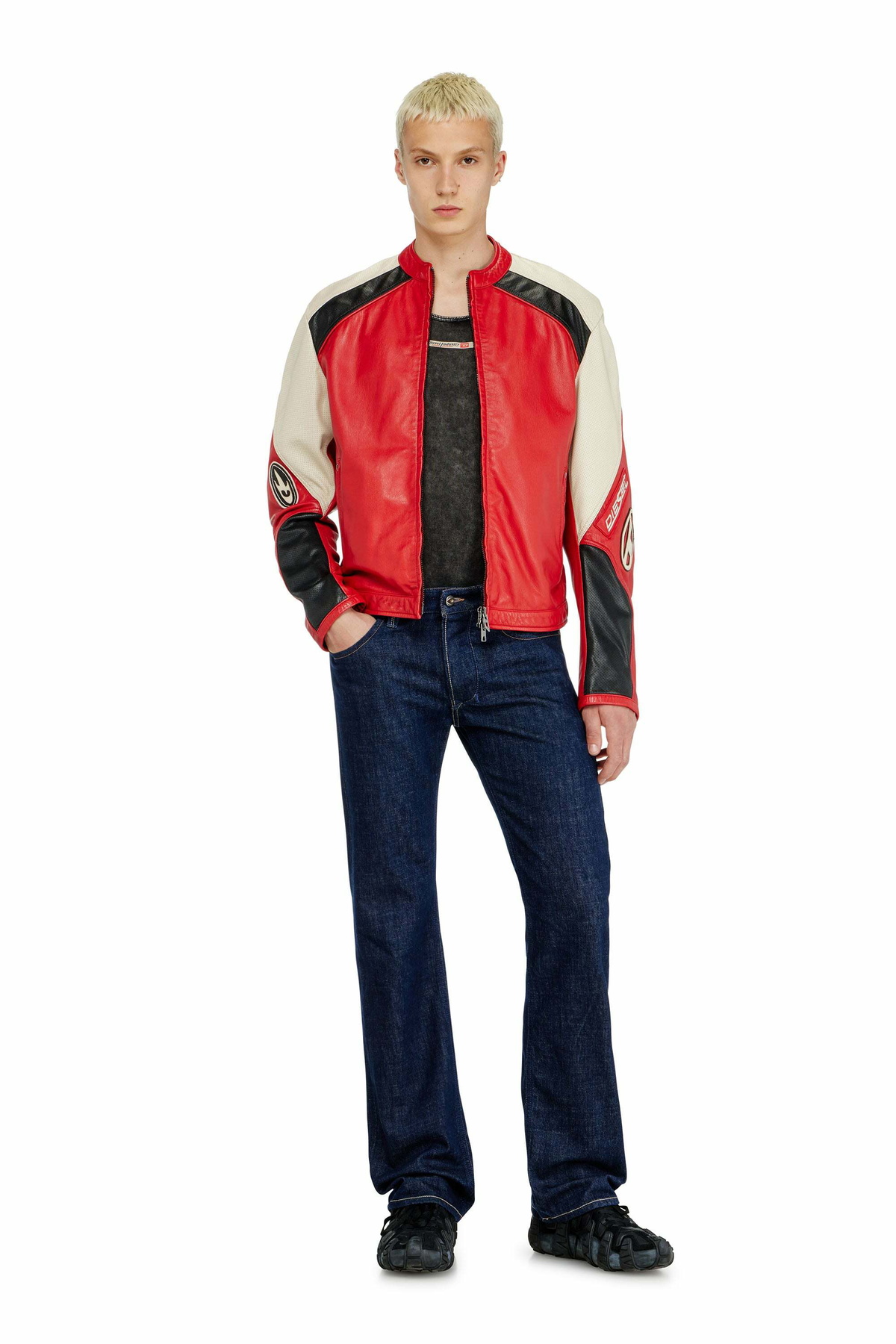 Diesel Biker jacket in colour-block perforated leather - Leather jackets Mens in Multicolor