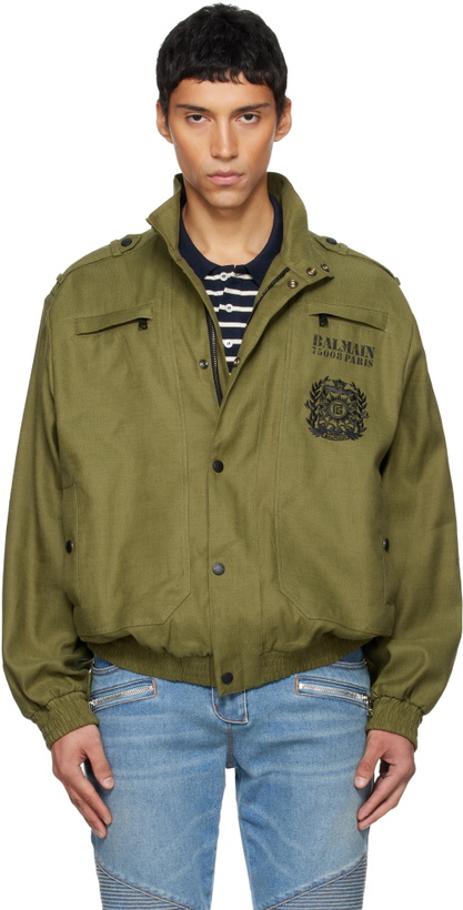 Photo: Balmain Khaki Cotton Aviator-Style Bomber Jacket