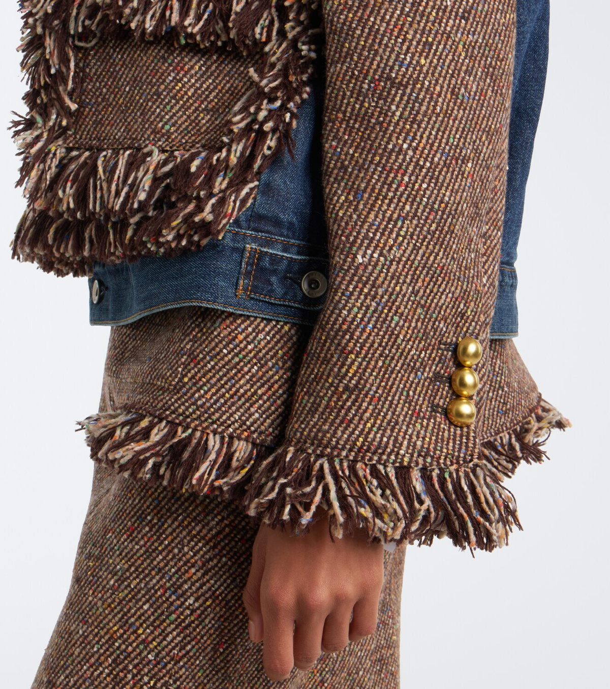 Sacai Fringed tweed and denim jacket