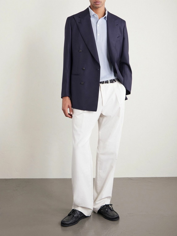 Photo: Lardini - Ribbed Linen and Cotton-Blend Polo Shirt - Blue