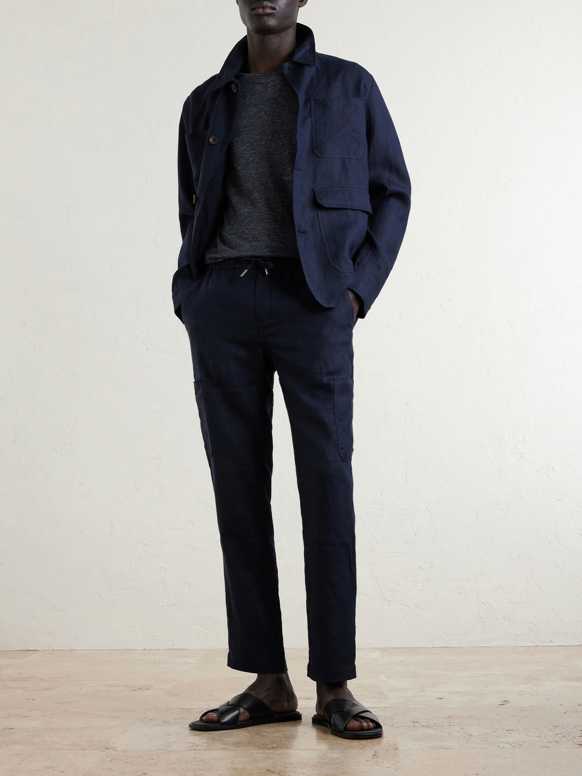 Mr P. - James Tapered Linen Drawstring Cargo Trousers - Blue