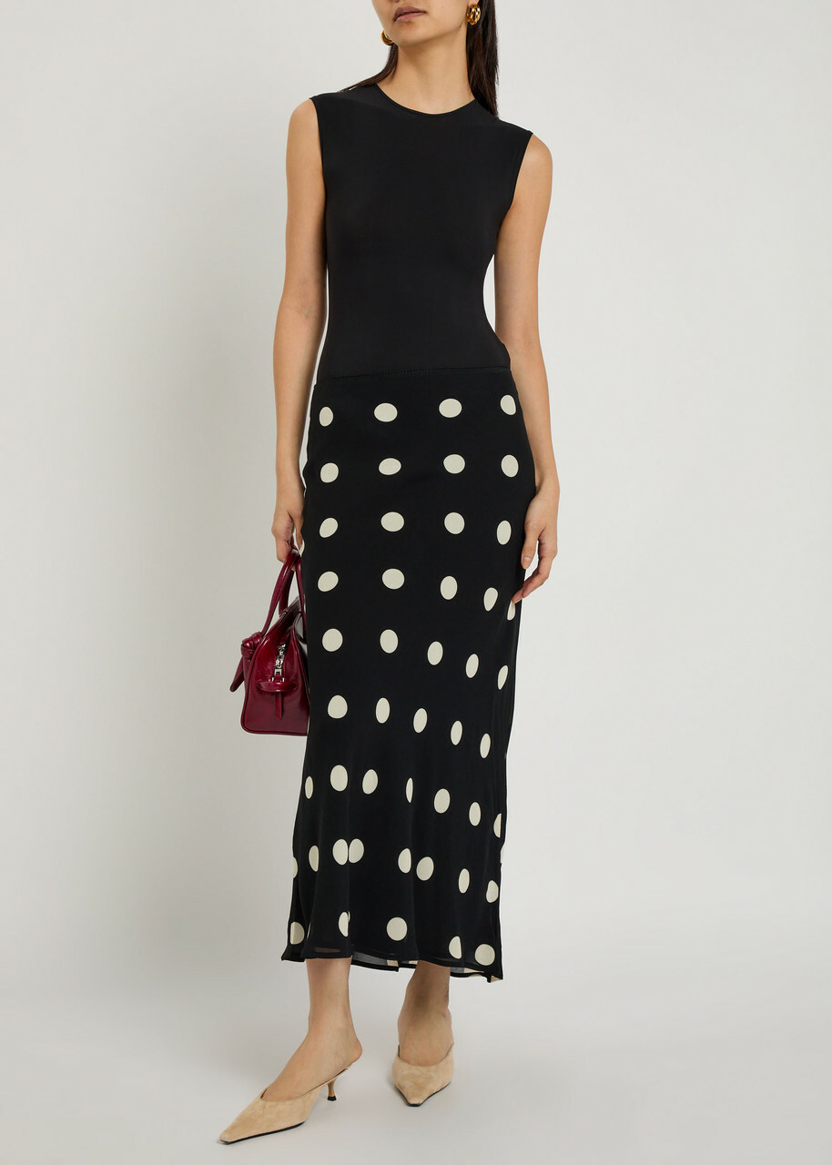 Reformation Layla Polka dot Georgette Midi Skirt Black