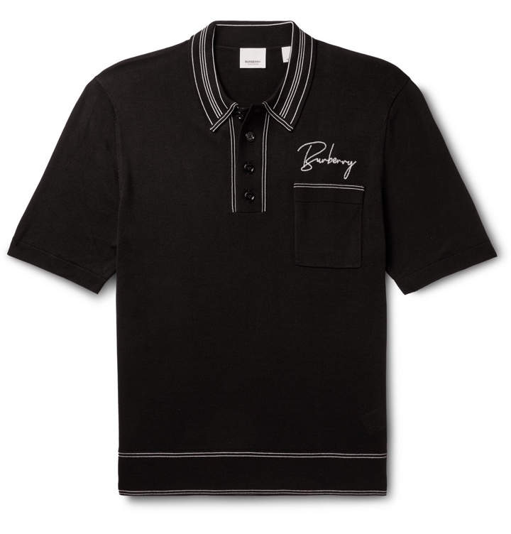 Photo: Burberry - Logo-Embroidered Contrast-Tipped Knitted Mulberry Silk Polo Shirt - Black