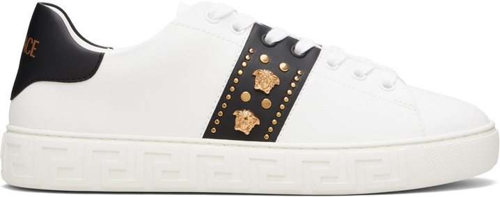 Photo: Versace White Greca Embellished Nylon Faux-Leather Sneakers