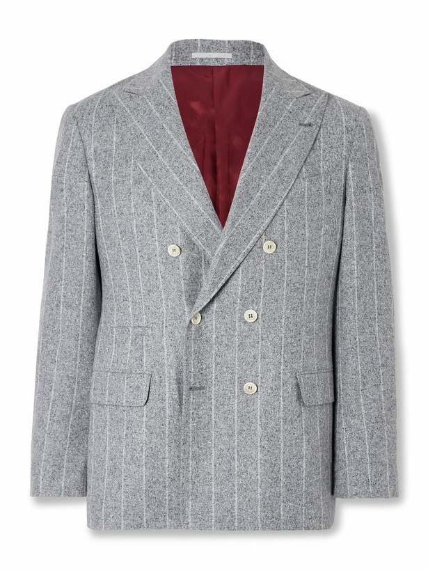 Photo: Brunello Cucinelli - Double-Breasted Striped Silk, Wool and Cashmere-Blend Blazer - Gray