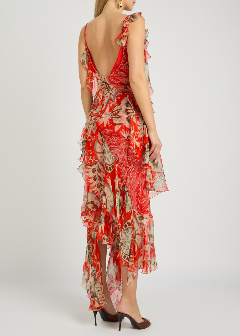 Etro Floral Print Ruffled Silk Maxi Dress Multicoloured