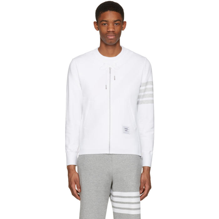 Photo: Thom Browne White Trompe LOeil Zip-Up Hoodie Pullover