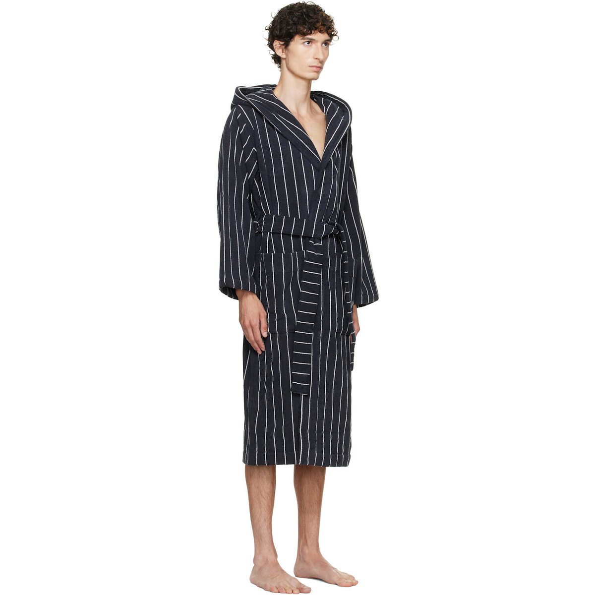 Tekla Black & White Terry Hooded Bathrobe