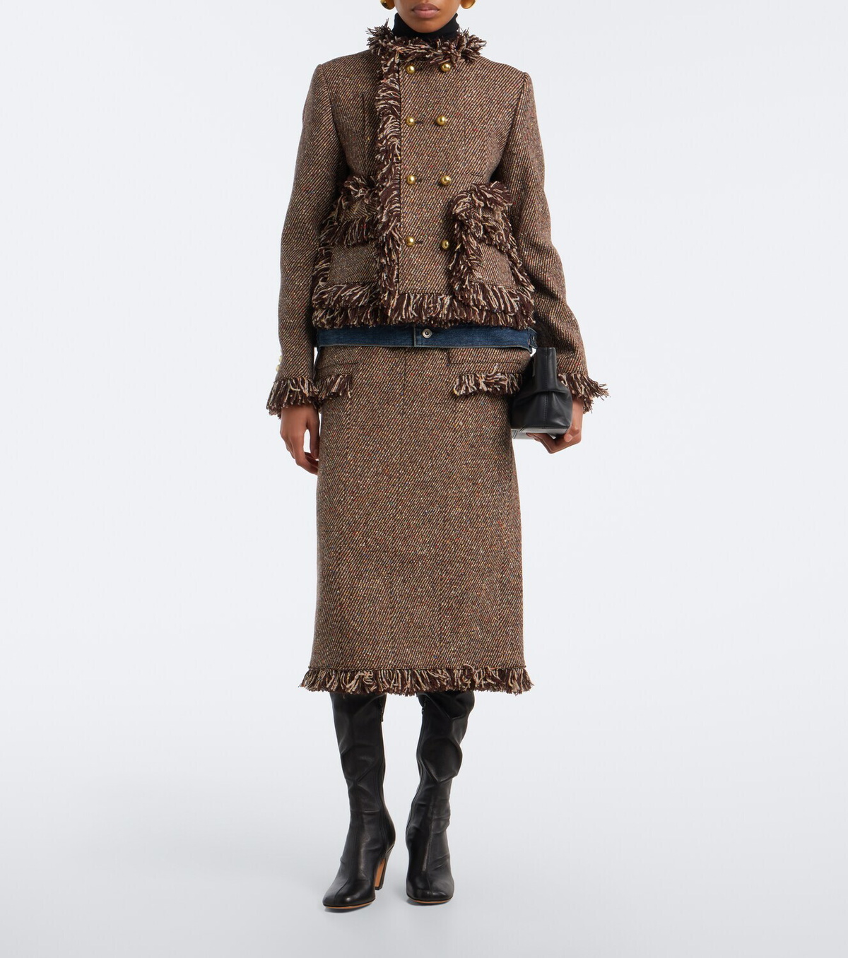 Sacai Fringed peplum tweed midi skirt