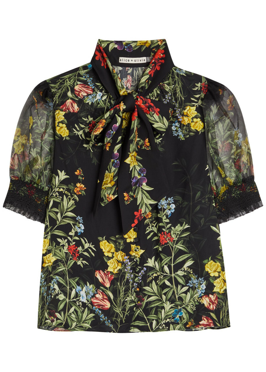 Alice + Olivia Brentley Floral-print Woven Blouse Black
