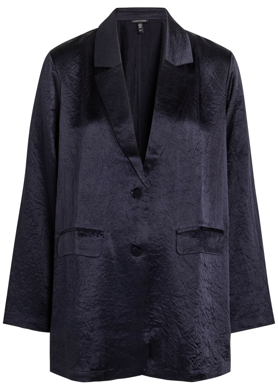 Eileen Fisher Crinkled Satin Blazer Dark Blue