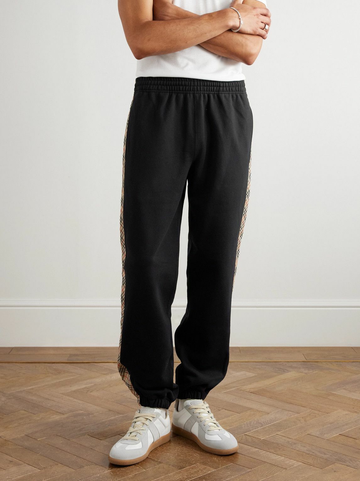 Burberry - Tapered Logo-Embroidered Checked Cotton-Jersey Sweatpants - Black