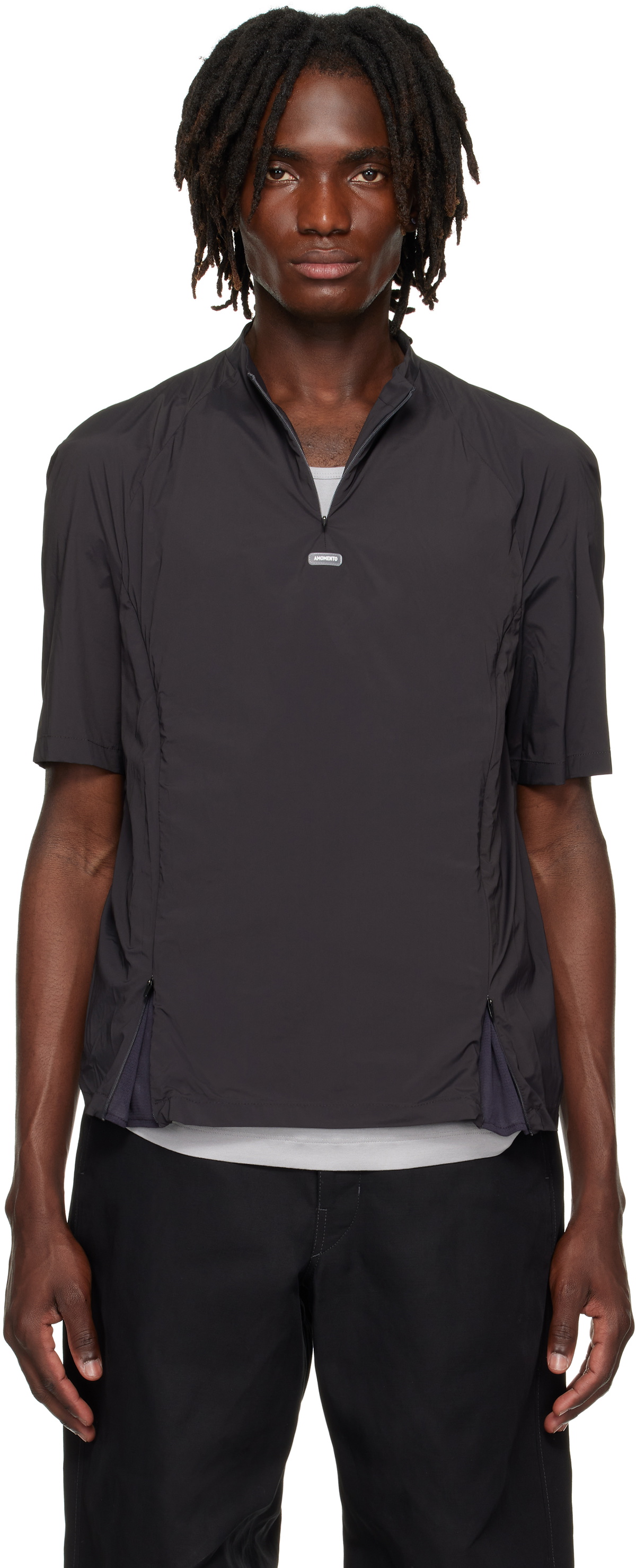 AMOMENTO Gray Mock Neck Zip T-shirt