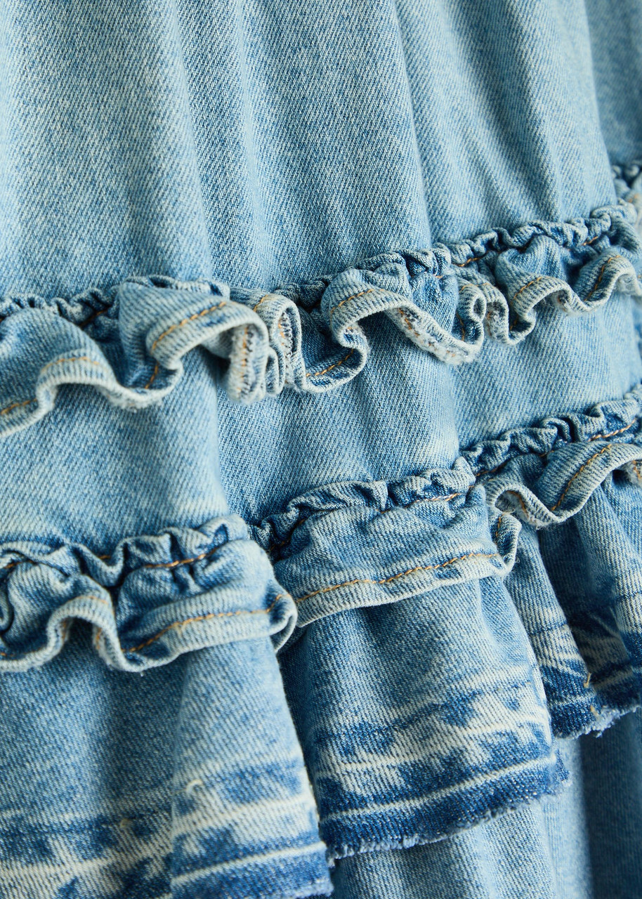 Ganni Frill Tiered Denim Midi Skirt Light Blue