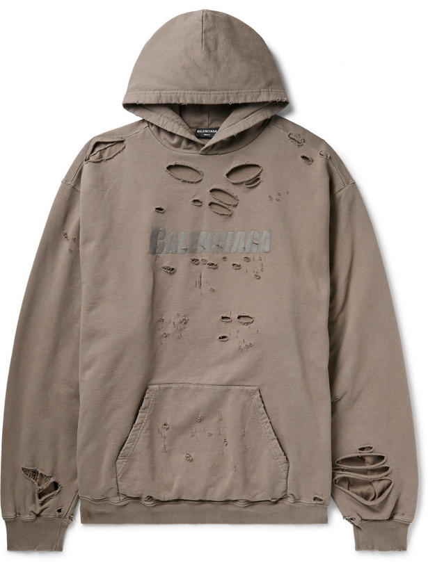 Photo: Balenciaga - Oversized Distressed Logo-Print Cotton-Jersey Hoodie - Neutrals