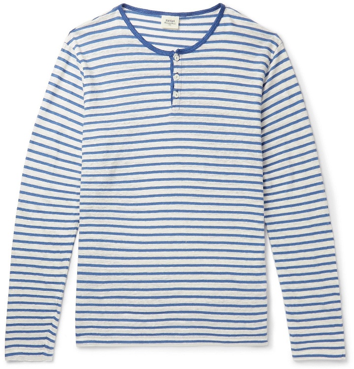 Photo: Hartford - Striped Linen and Cotton-Blend Henley T-Shirt - Blue