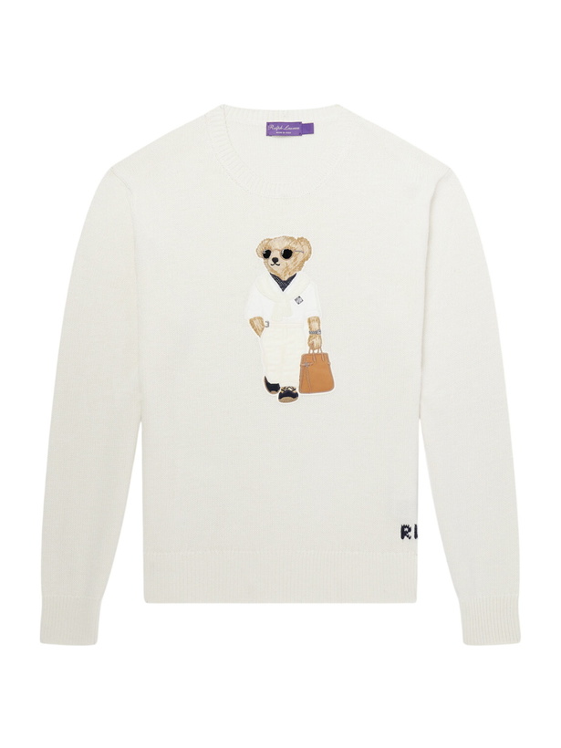Photo: Ralph Lauren Purple label - Polo Bear Logo-Appliquéd Leather-Trimmed Knitted Silk and Linen-Blend Sweater - Neutrals