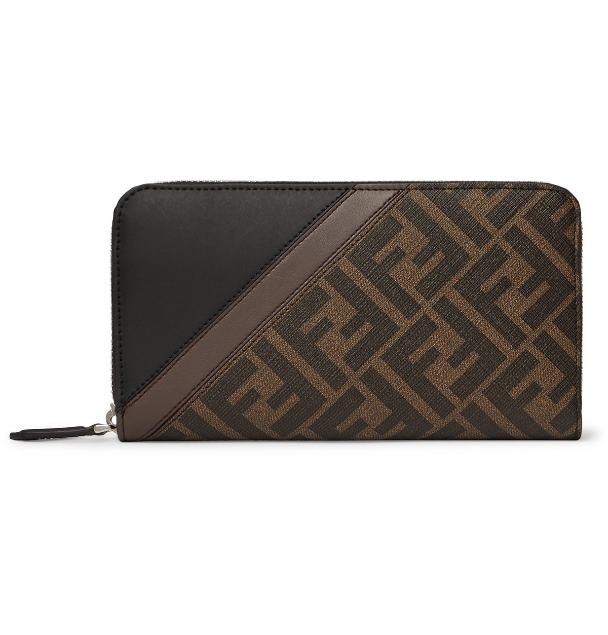 Fendi Logo Print Coated Canvas and Leather Zip Around Wallet Brown Fendi