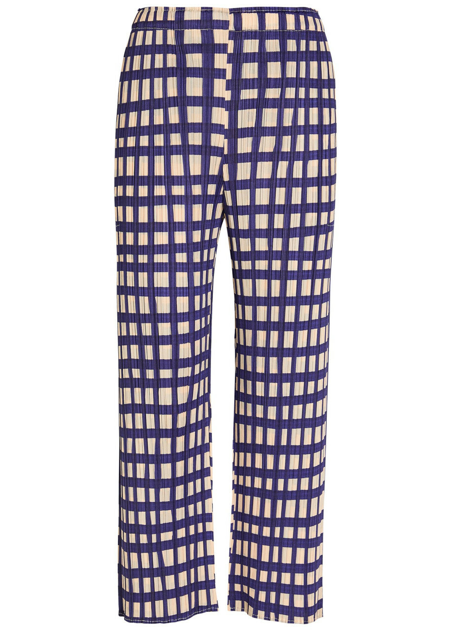 Pleats Please Issey Miyake Gingham Pleated Straight-leg Woven Cropped Trousers Navy