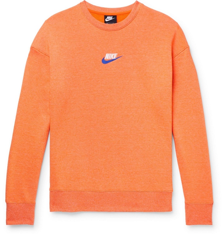 Photo: Nike - Logo-Embroidered Mélange Loopback Cotton-Blend Jersey Sweatshirt - Orange