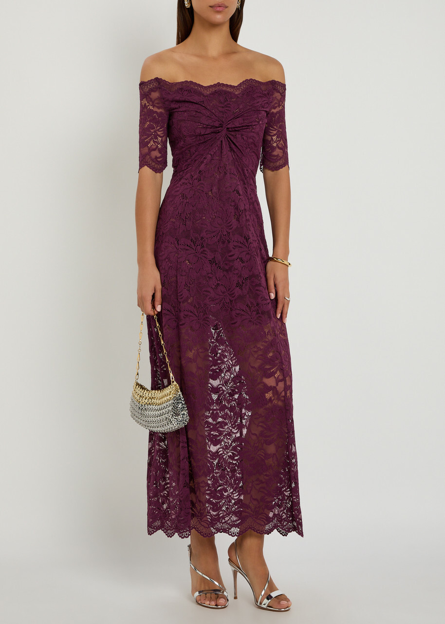 Rabanne Off-the-shoulder Lace Maxi Dress Purple