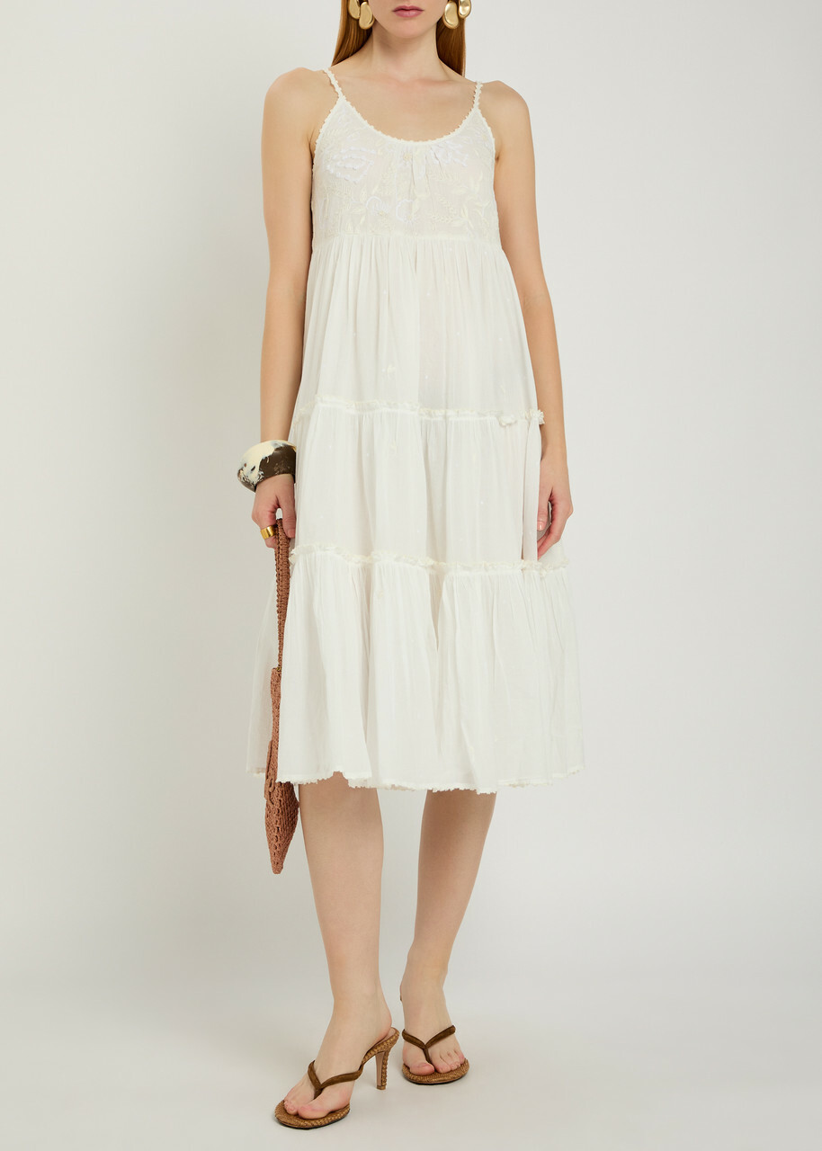 Thierry Colson Veruschka Embroidered Cotton Midi Dress Off White