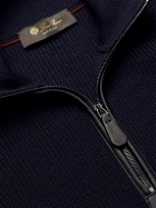 Loro Piana - Leather-Trimmed Ribbed Wool Half-Zip Sweatshirt - Blue